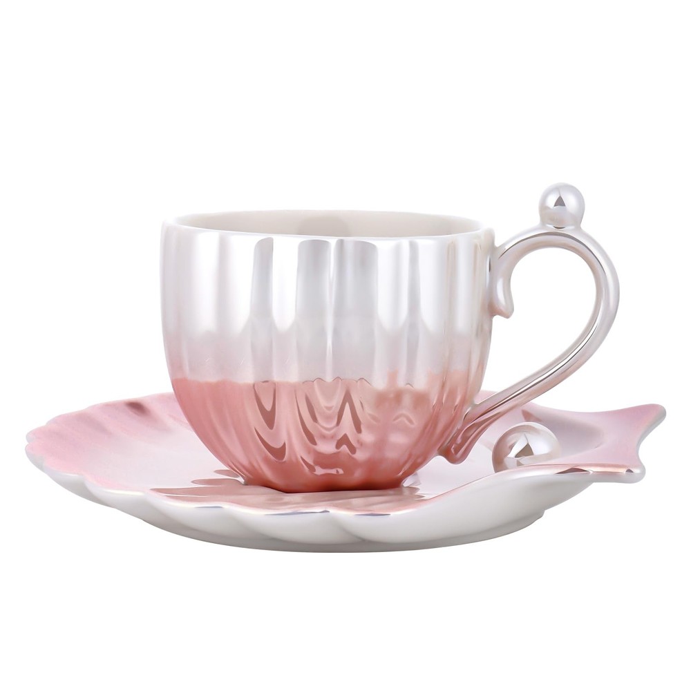 Pearl Shell Ceramic Coffee Cup and Saucer Set Creative Pearl Shell Cup Cerami...