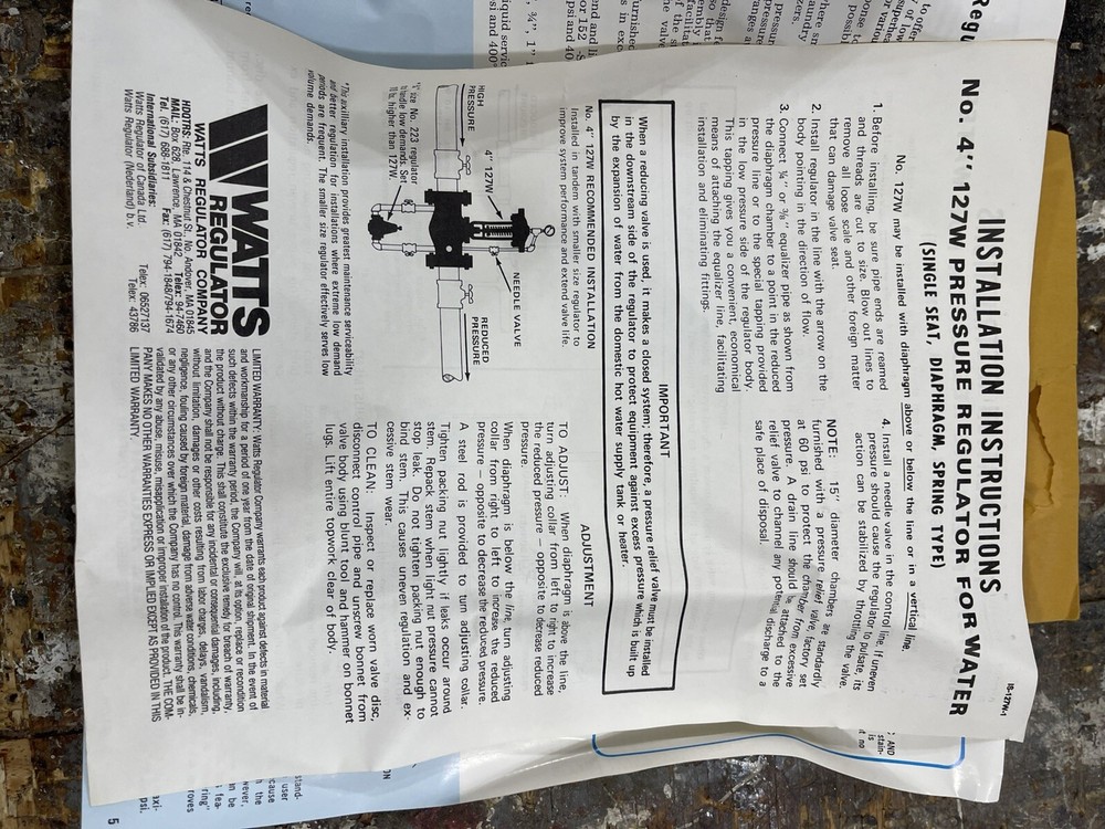 Watts Regulator Remote Control Water Pressure Reducing Valve