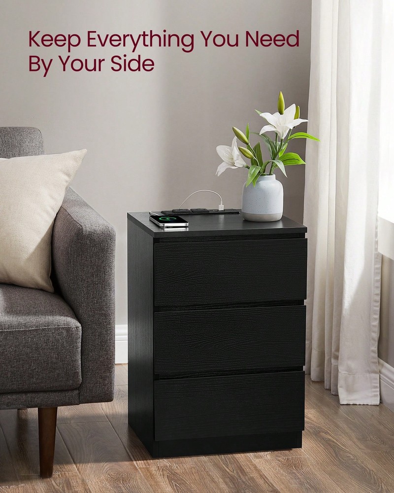 VASAGLE Nightstand With Charging Station, Bedside Table, Side End Table-FGQA