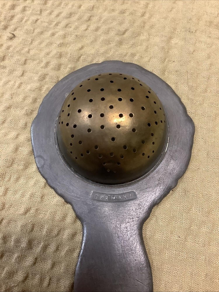 Antique German Silver Brass Tea Strainer 4” repousse'