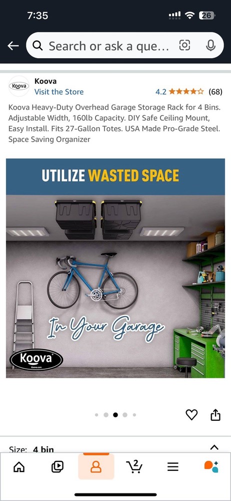 New In Box 4 Bin Koova Ceiling Storage Rack