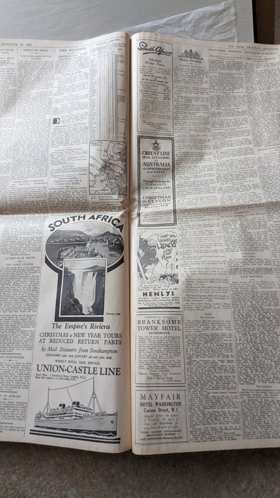 Times Newspaper Thurs September 20th 1928 A Day to Remember presentation Folder
