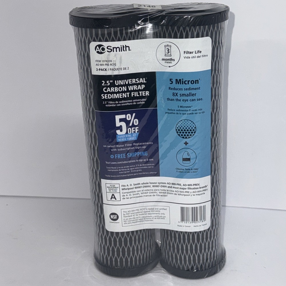 AO Smith 2.5” Universal CARBON WRAP SEDIMENT FILTER 5 Micron New In Sealed 2Pack