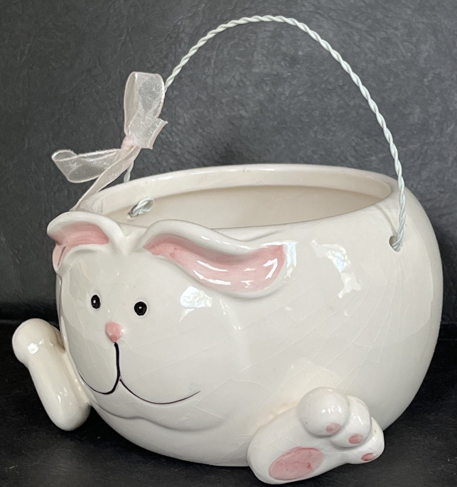 Bunny Rabbit Ceramic Round Candy Dish, Wire Handle, White W/ Pink & Black, Cute!