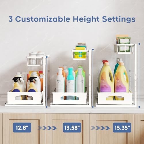 Under Sink Organizer Height Adjustable Cabinet Organizer with 2 Pack White