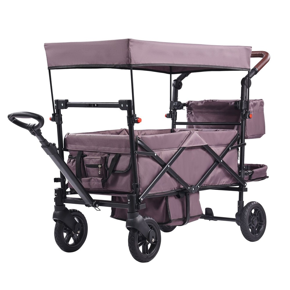 Wagon Stroller for 2 Kids, Push Pull Quad Collapsible Stroller with Adjustable H