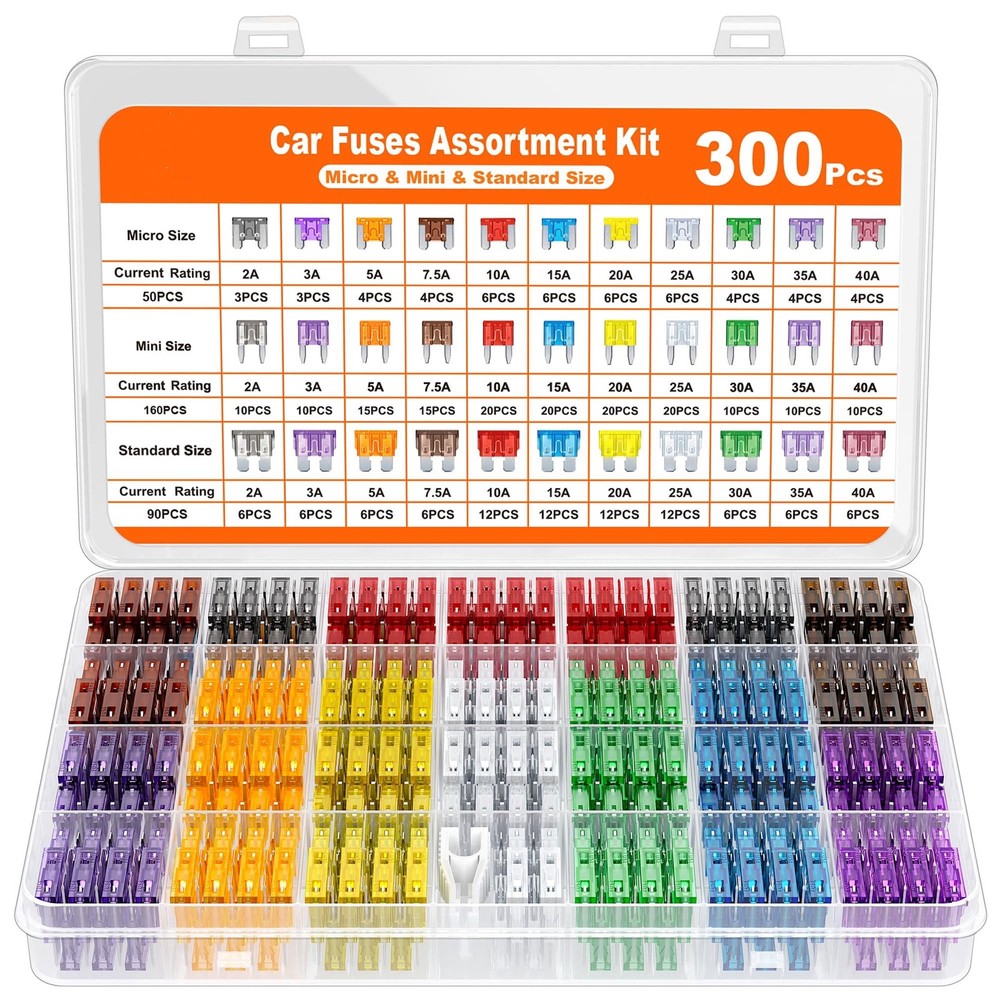 300 Pcs Car Fuses Assortment Kit, Standard Mini Micro Blade Fuses with Puller, 2