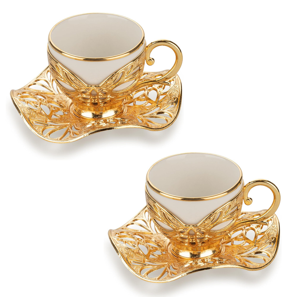 Coffee Set for Two, 2 White Gilded Porcelain Cups, Gold