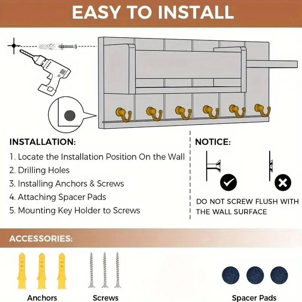 Wall-Mounted Key Holder & Mail Organizer with Hooks - Entryway Storage & Decor