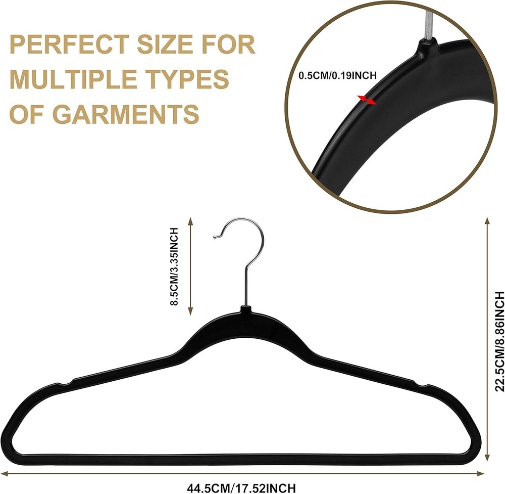 50-Pack Slim Black Plastic Hangers with Rotatable Chrome Hooks - Space-Saving