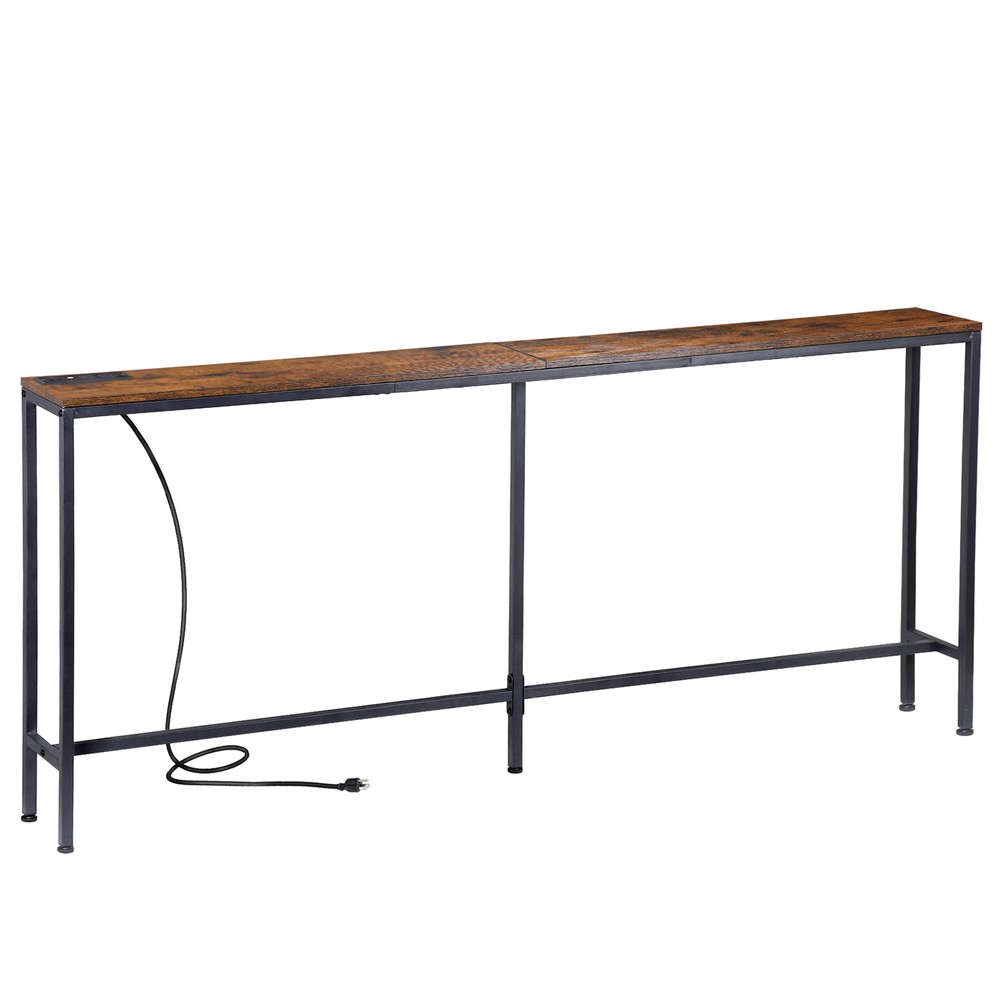70" Narrow Console Table with Outlet Sofa Table w/ Charging Station Rustic Brown