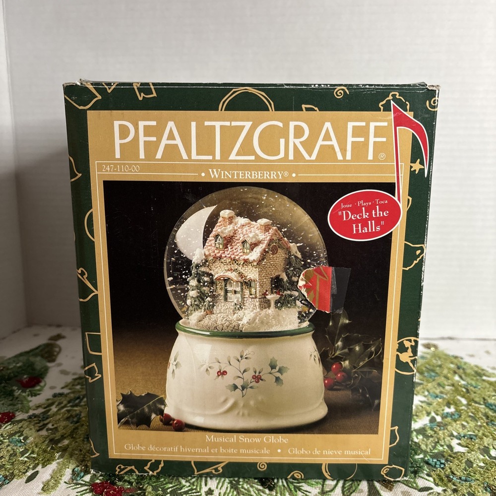 1998 Pfaltzgraff Winterberry Pattern Musical Snow Globe Plays "Deck th Halls"
