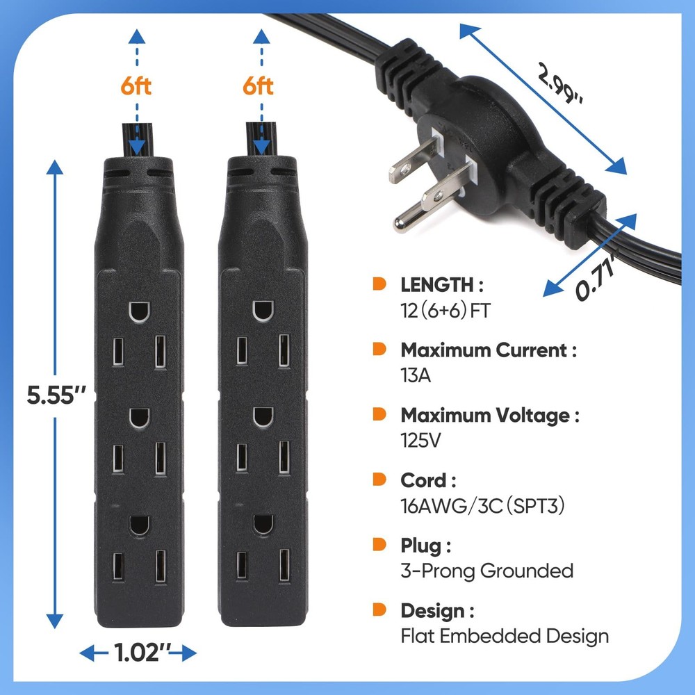 12 Ft Twin Extension Cord Power Strip Dual Flat Wall Plug Split Multi Outlet