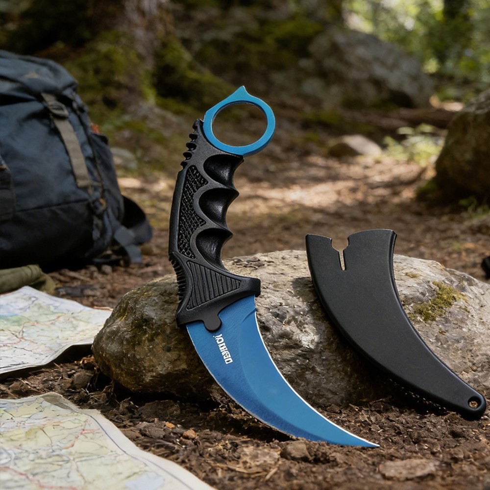 7.5" Tactical Karambit Throwing Knife - Fixed Blade, Hard Sheath Blue