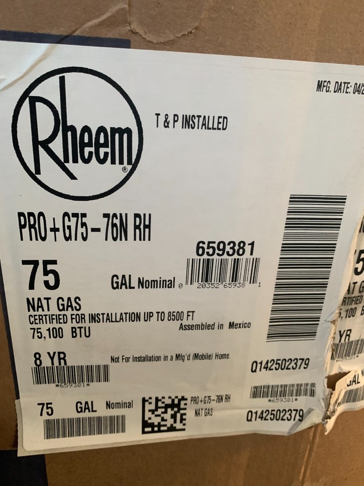 Rheem PRO+G75-76N RH 75 Gal. Brand New!!!