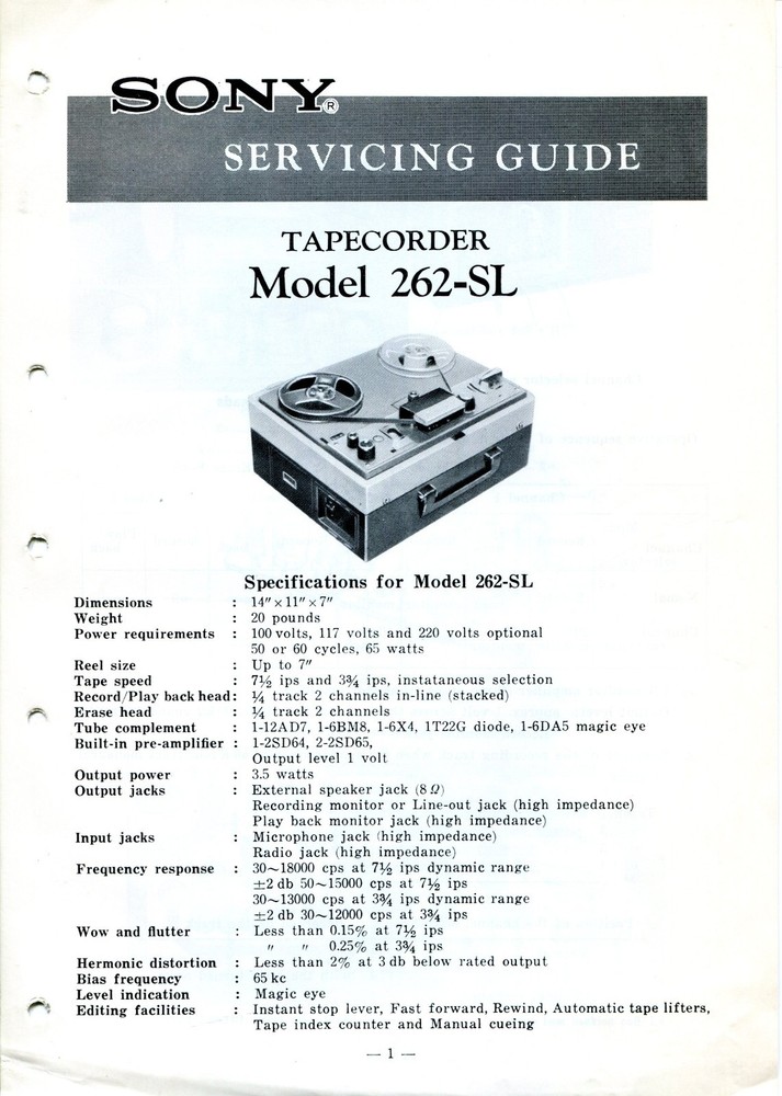 Sony Model 262 Tapecorder Servicing Guide Electronic Service Manual