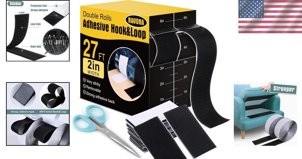 Black 27Ft Hook and Loop Tape - Durable, Easy-to-Use Adhesive Fastener Rolls