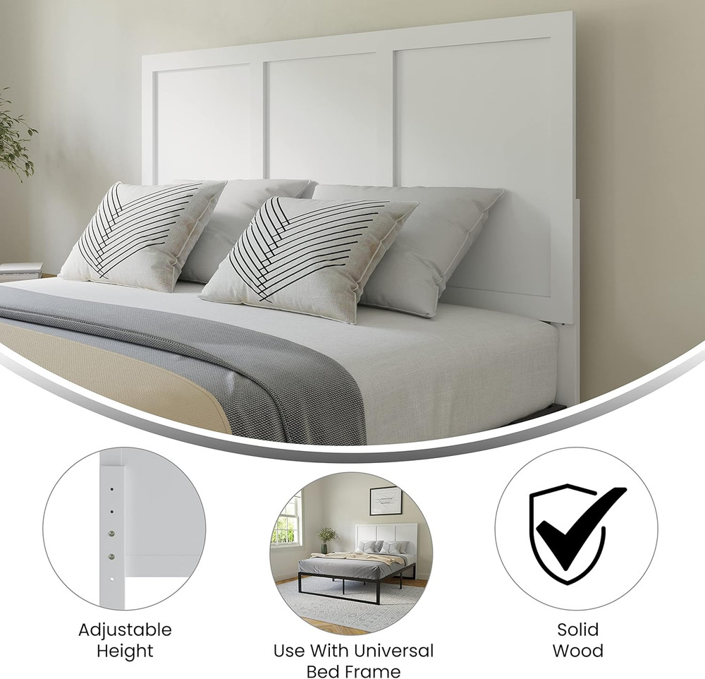 Elegant Full Size White Wooden Headboard with Three Panel Design