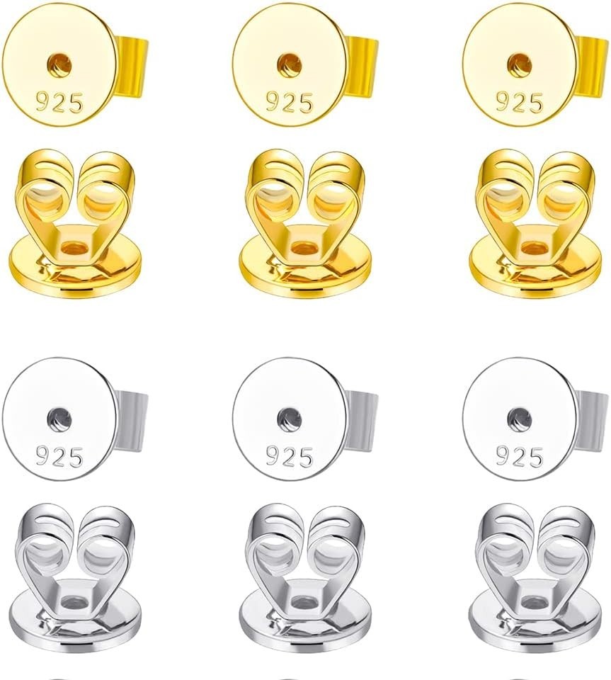 Hypoallergenic Earring Backs for Studs - 12 Replaceable Pairs in Gold & Silver