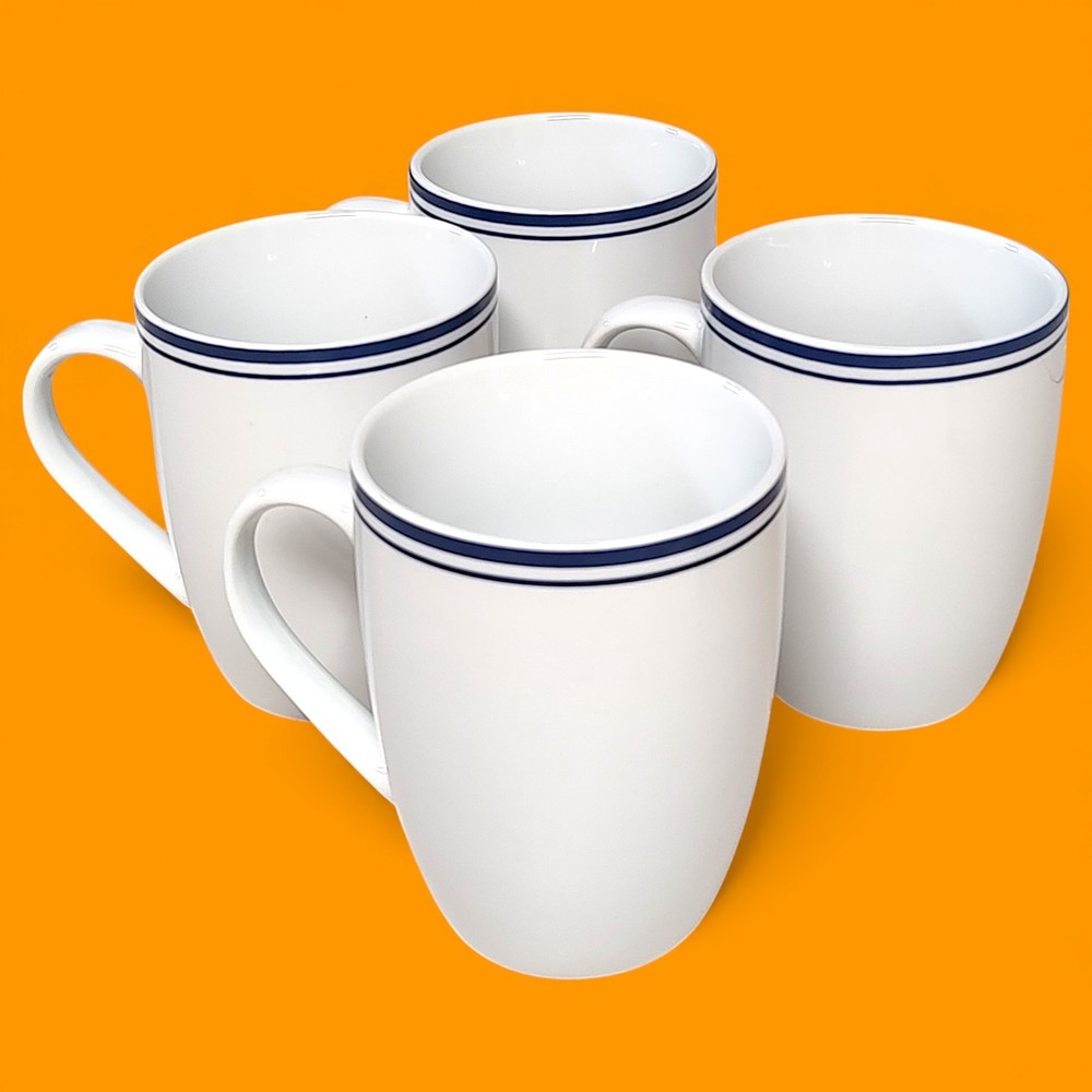 4pc Set Amazon Basics Cafe Stripe Blue / White Coffee Cups/ Mugs 4"