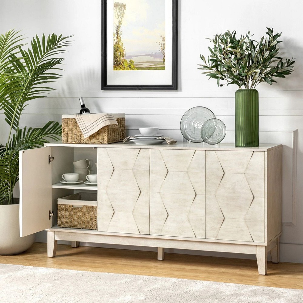 Mid Century Modern Sideboard Buffet Cabinet Credenza Stand Wide Solid Wood White