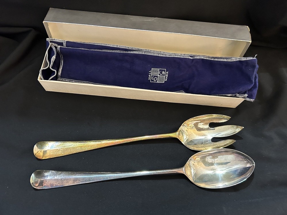 VTG SG Hall Mark Silver Salad Serving 13”Spoon & Fork With Cloth In Original Box