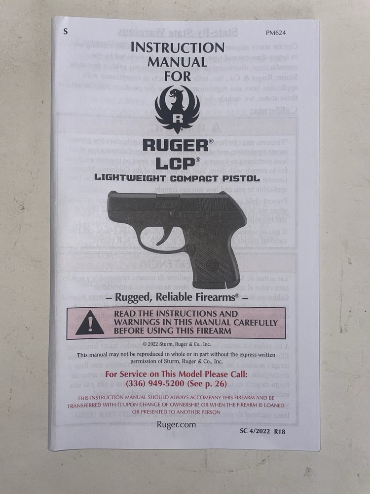 Original Ruger LCP Pistol Owners Instruction Manual with an insert