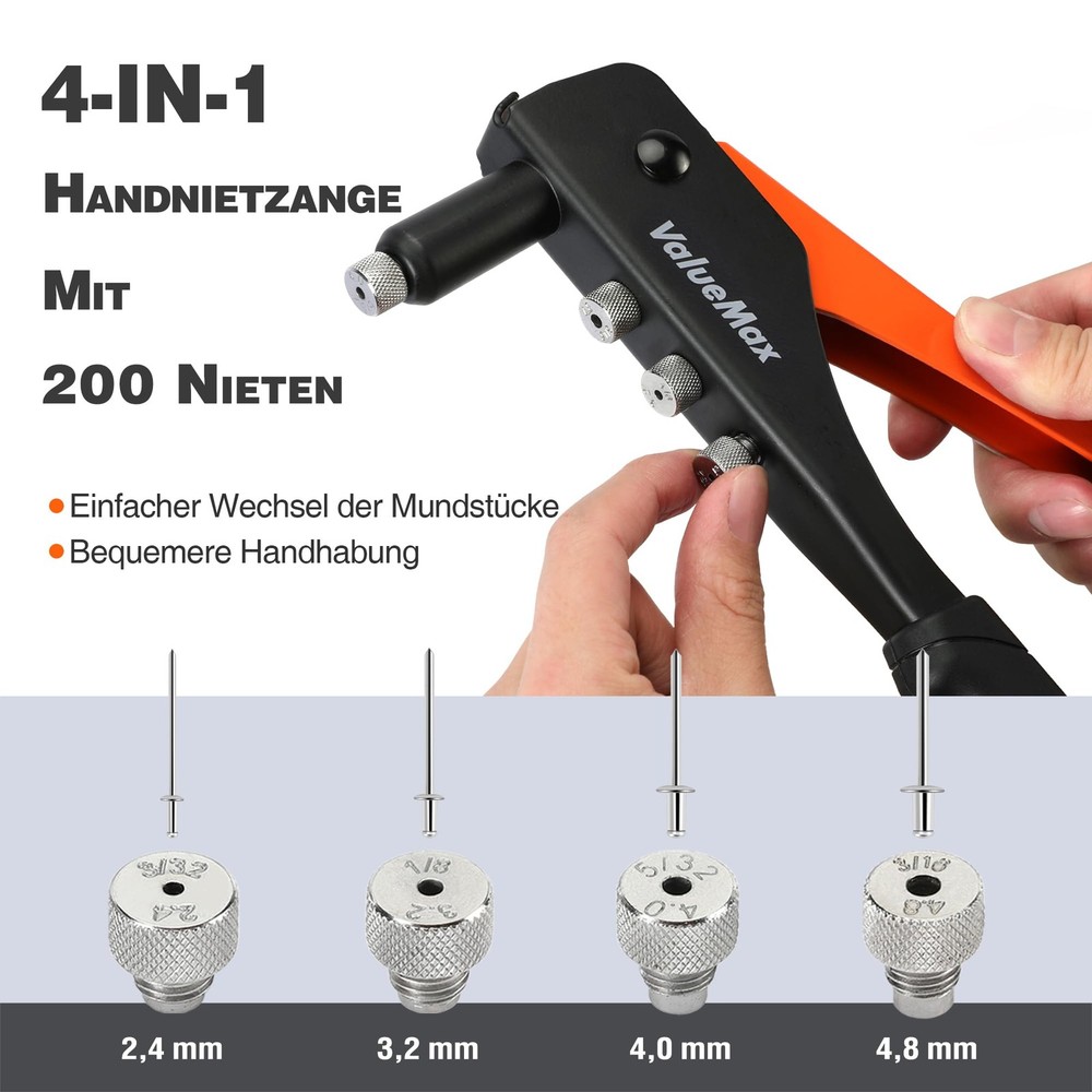 Riveter Set 4in1, Blind Riveter Hand Riveter with 200 Rivets in 4 Sizes 2...