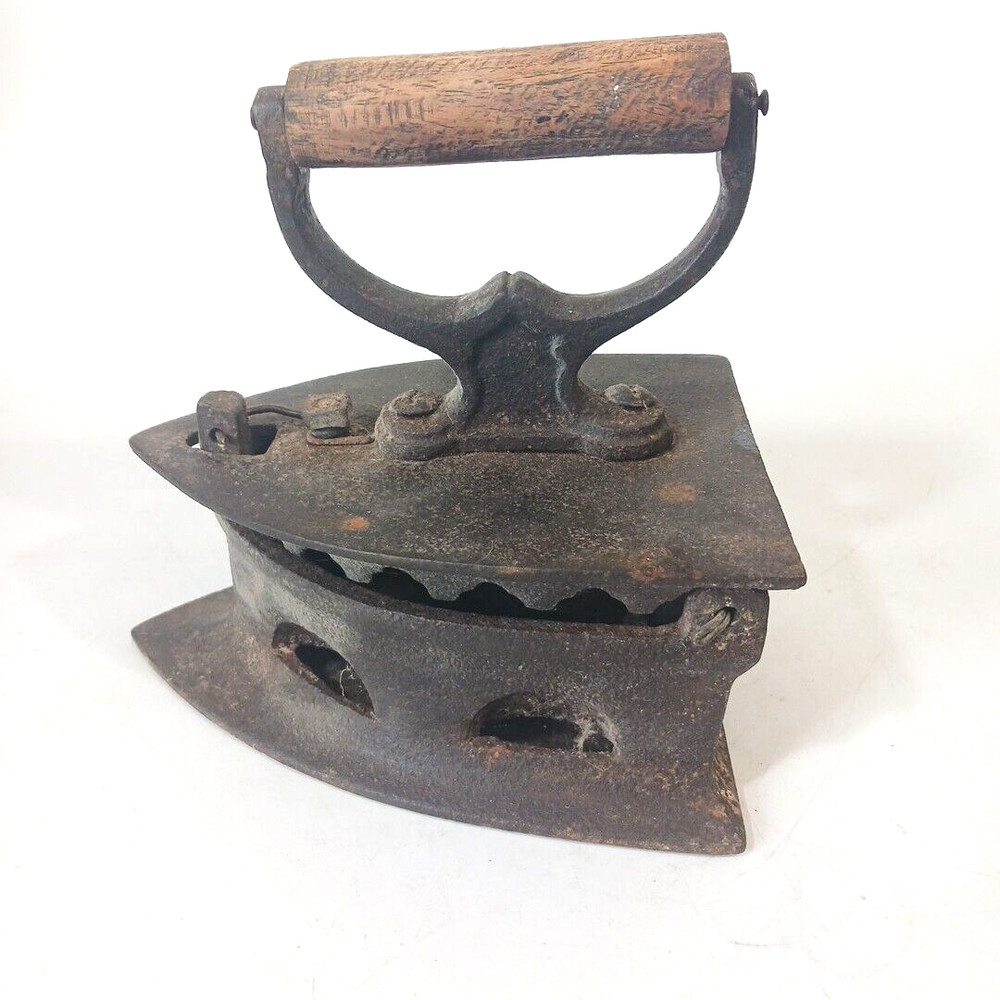 Antique Primitive Cast Iron Charcoal Sad Iron Wood Handle