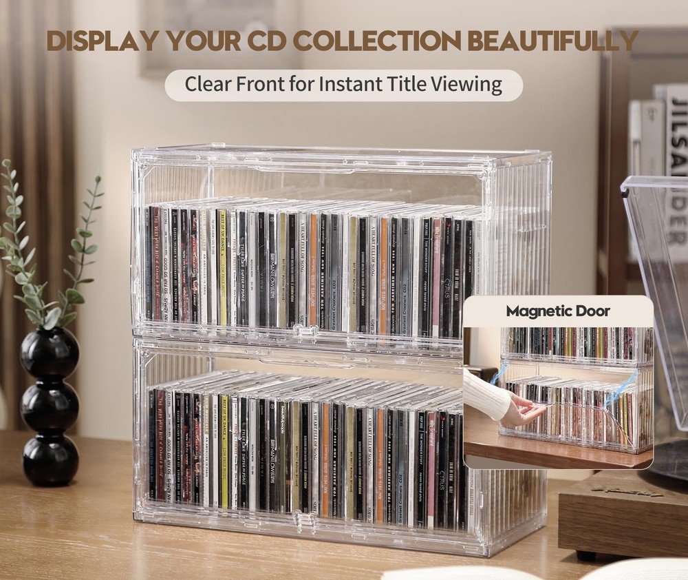 2Pack Clear CD Storage Box Stackable Holder Holds 68 Cases 14.66.37.1 In