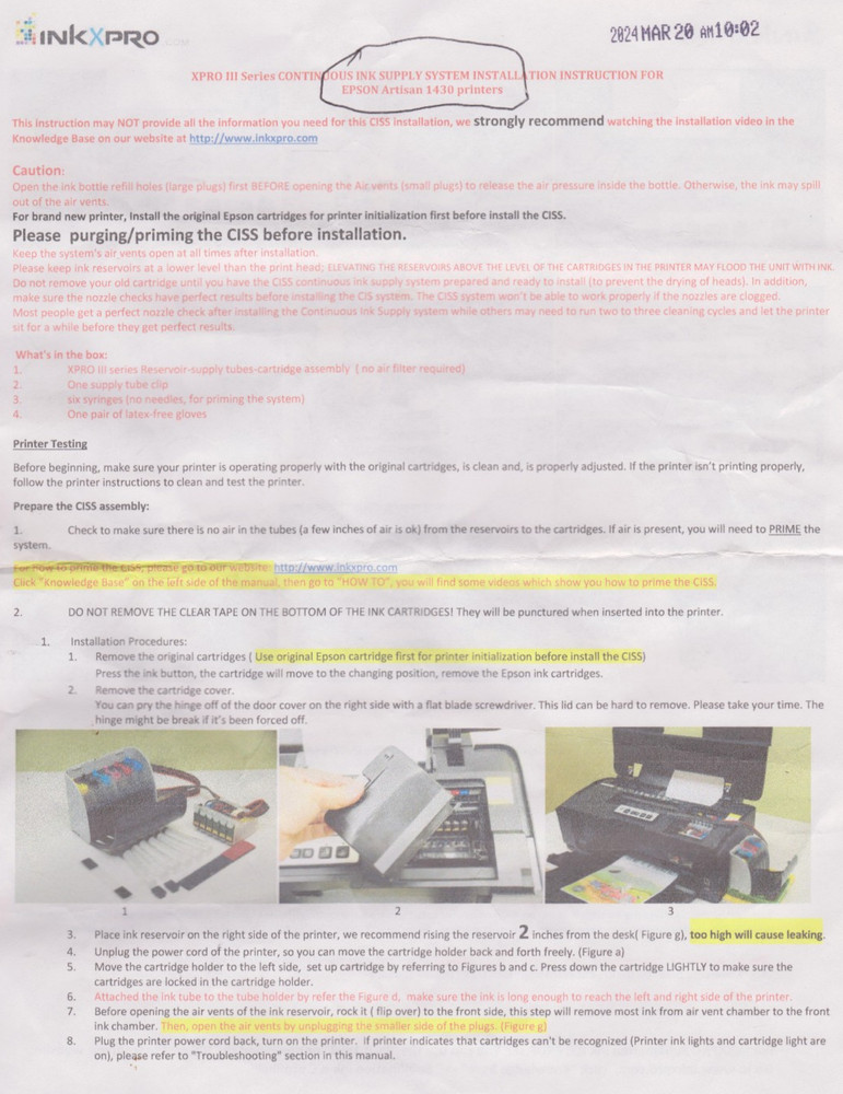 Epson Artisan 1430 printer Ink system CISS. Empty