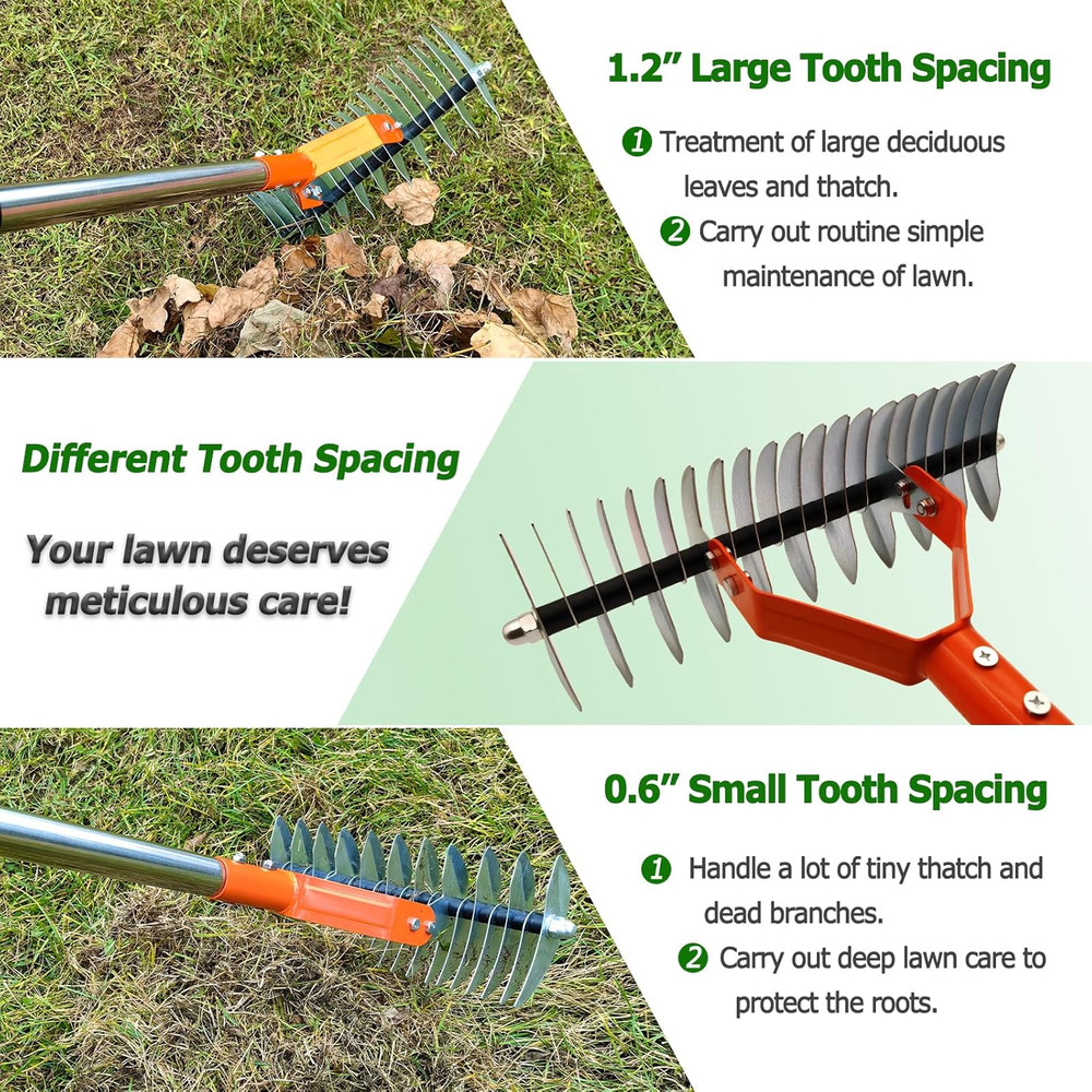 Thatch Rake with 68" Adjustable Handle,14" Dethatching Rake for Lawns – Reinforc