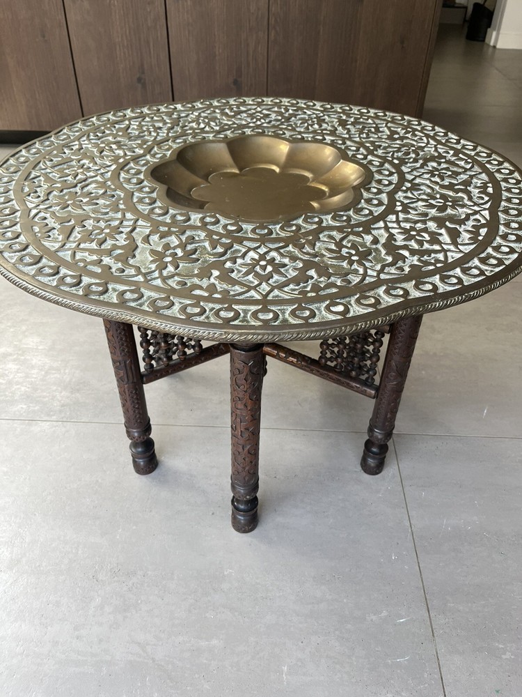 Antique Indian Folding Side Table with  Dished Brass Tray