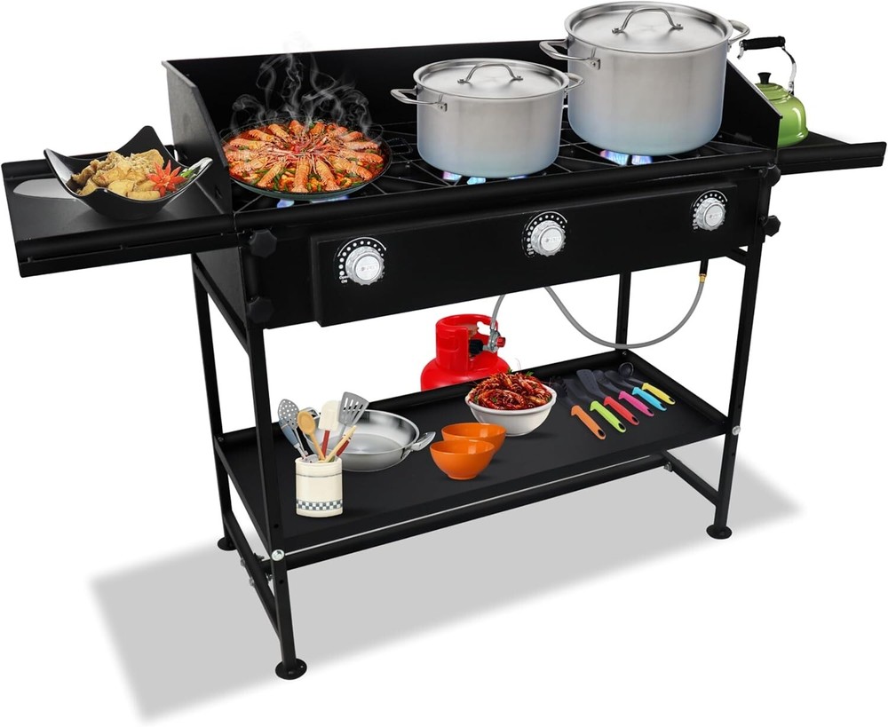 Three Burner Propane Stove - with Dual Side & Bottom Shelf and Wind Panel