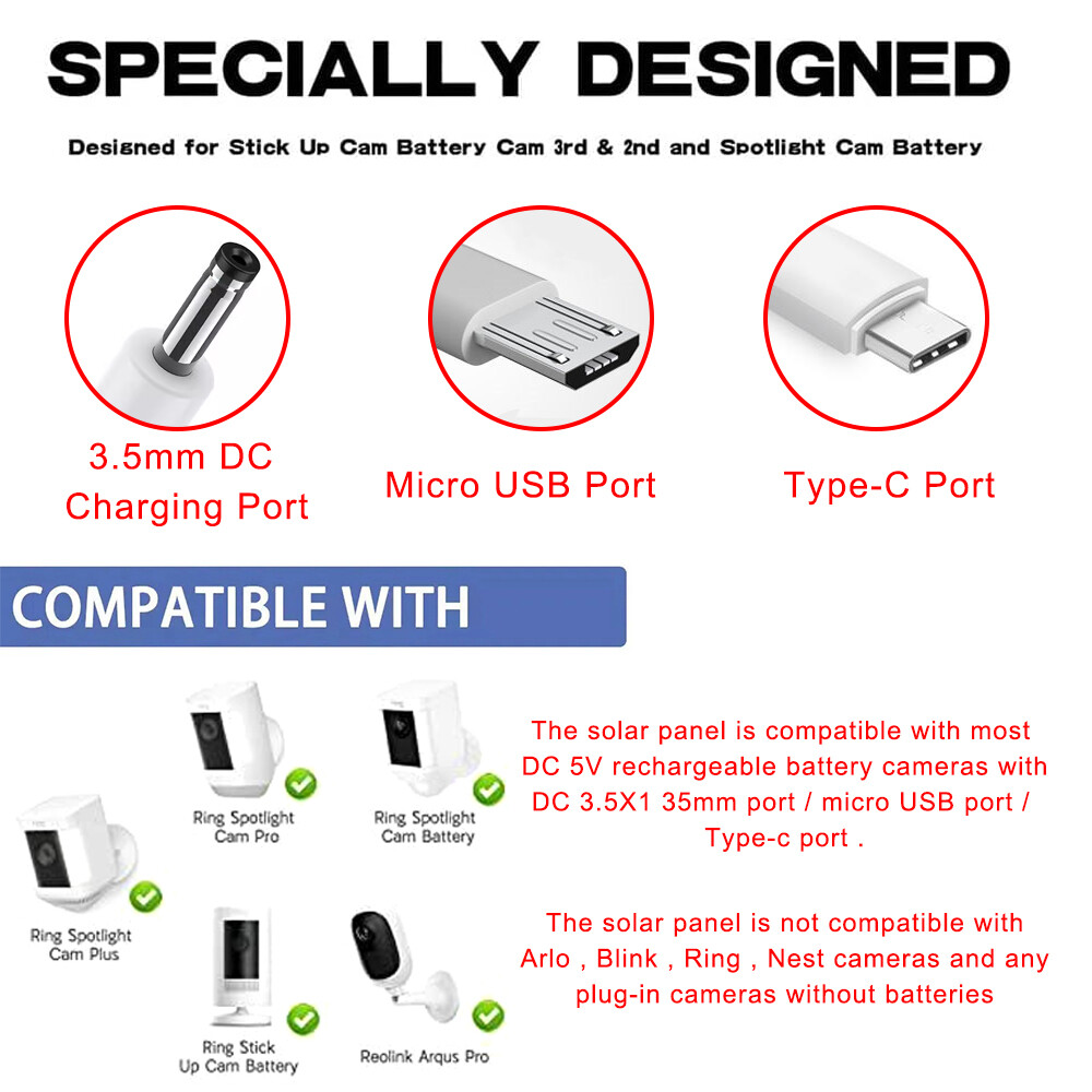 4W Universal Solar Panel for Ring Stick Up Spotlight Camera Battery 10ft Cable