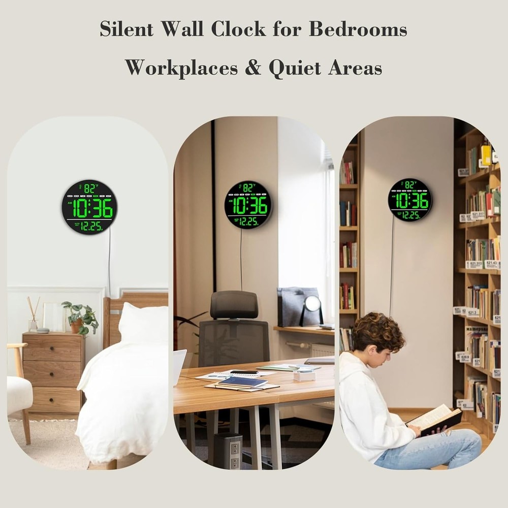 Digital Wall Clock with Large LED Display, Auto-Brightness, Temperature, Low-...