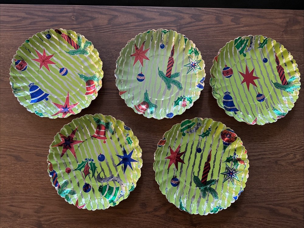 5 Vintage Christmas Metallic Fluted Pressed Paper Plate Cookie Germany 1950