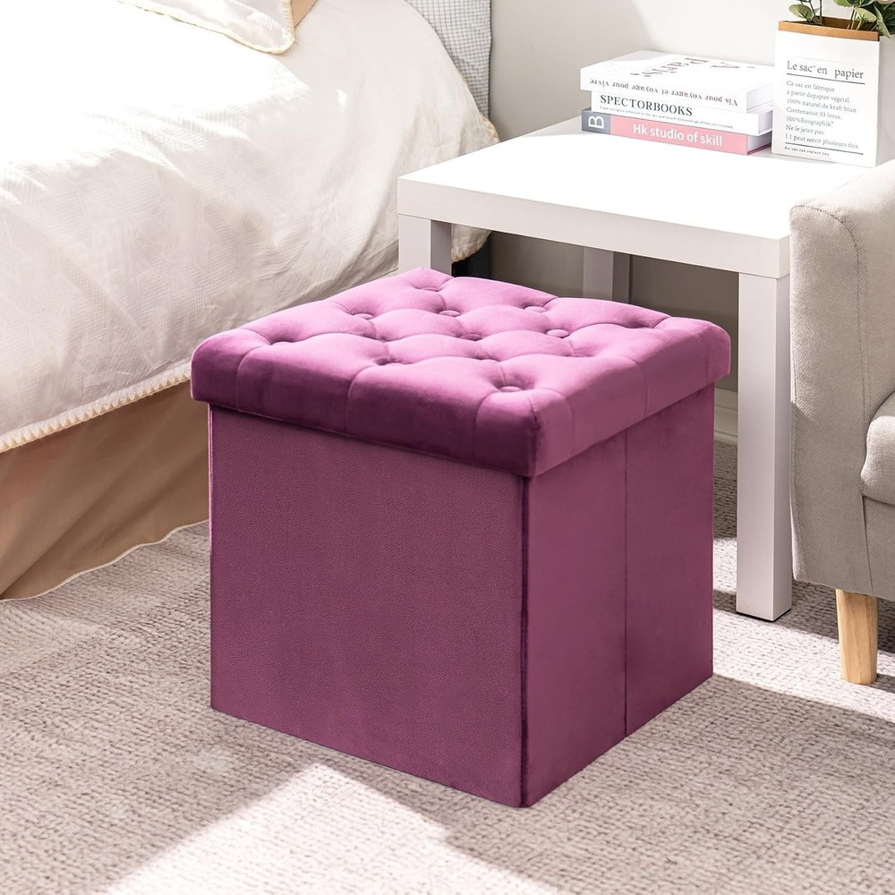 Elegant Purple Velvet Ottoman Cube - Multi-Functional Folding Storage Solution