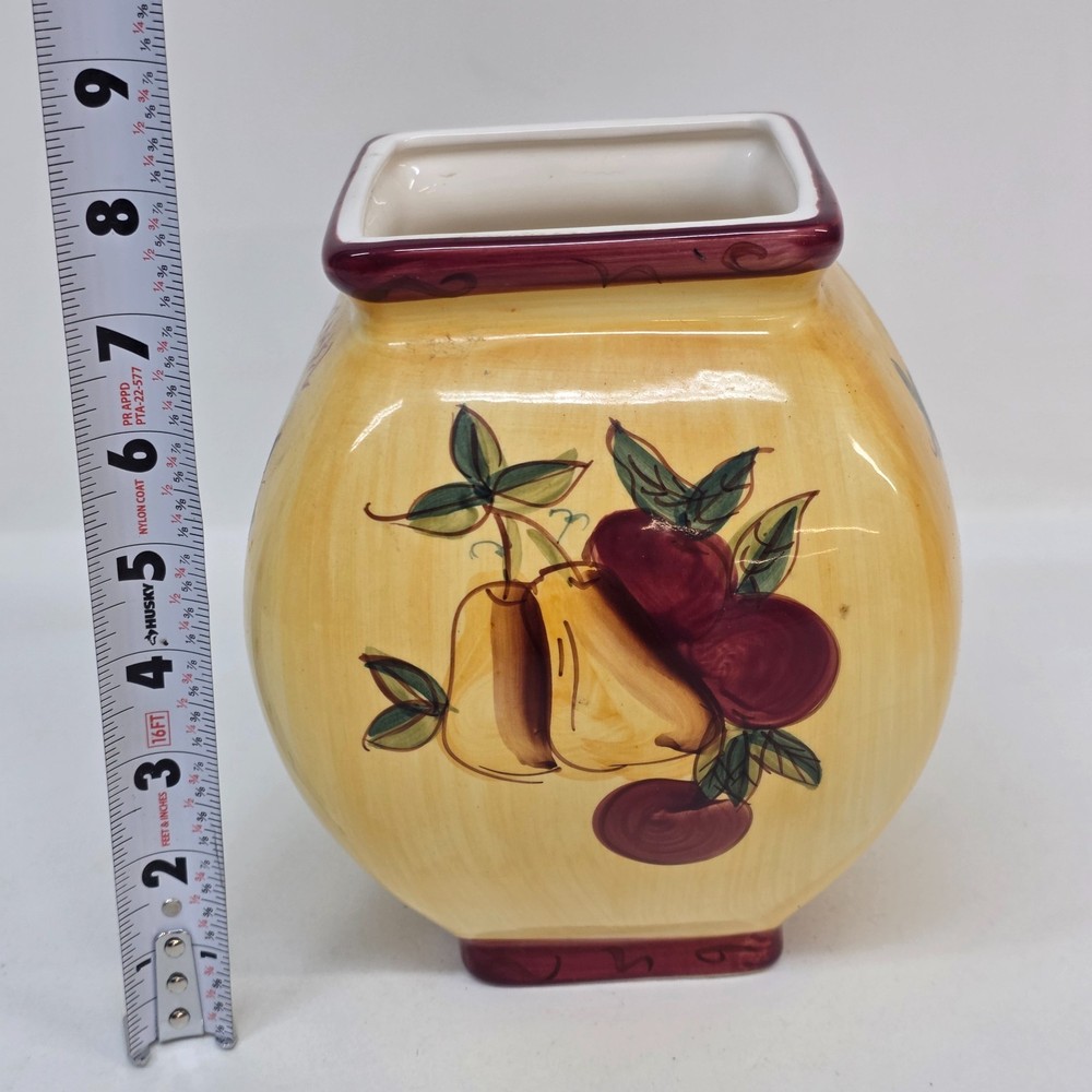 Hand-Painted Ceramic Square Vase with Fruit Design – Rustic Country Kitchen Deco