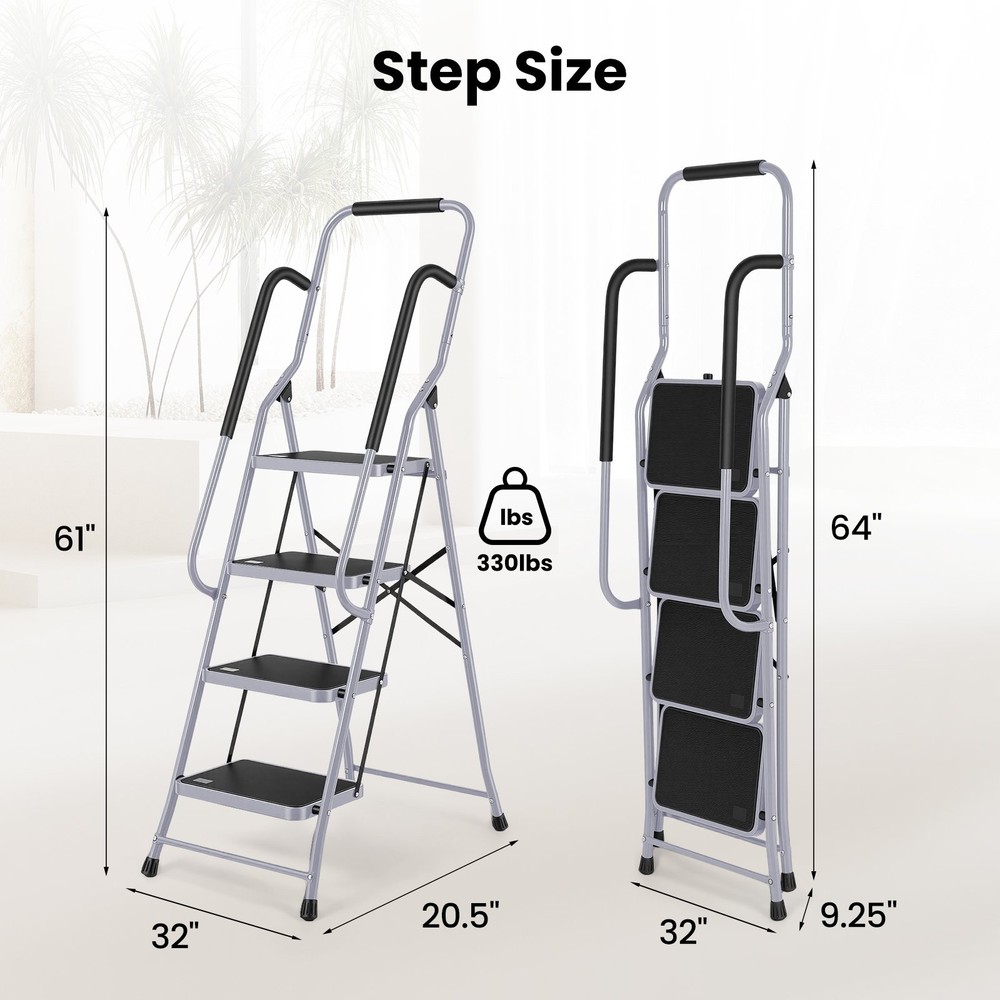 4 Step Ladder with Hankdrails, Folding Step Stool with Safety Lock Gray