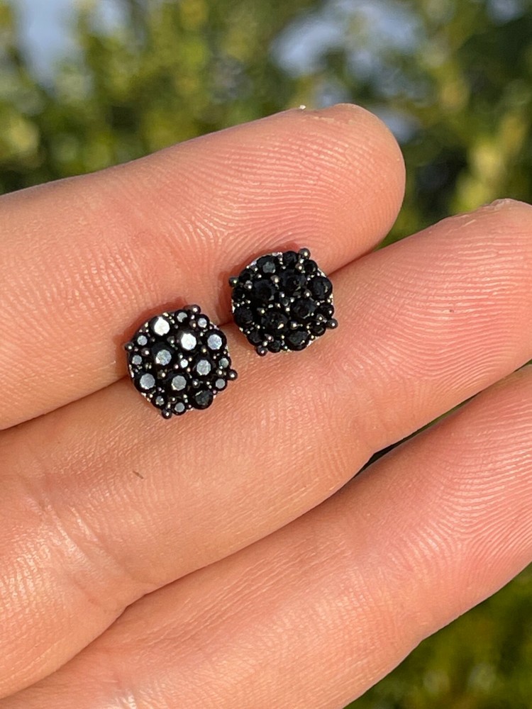 Real Solid 925 Silver Hip Hop Black CZ Earrings 1/3" Cluster Round Studs