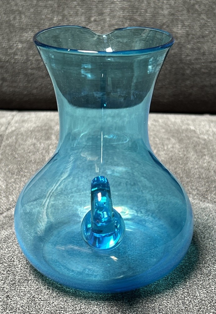 Vintage Hand Blown Blue Optic Art Glass Pitcher 5.75” Applied Handle