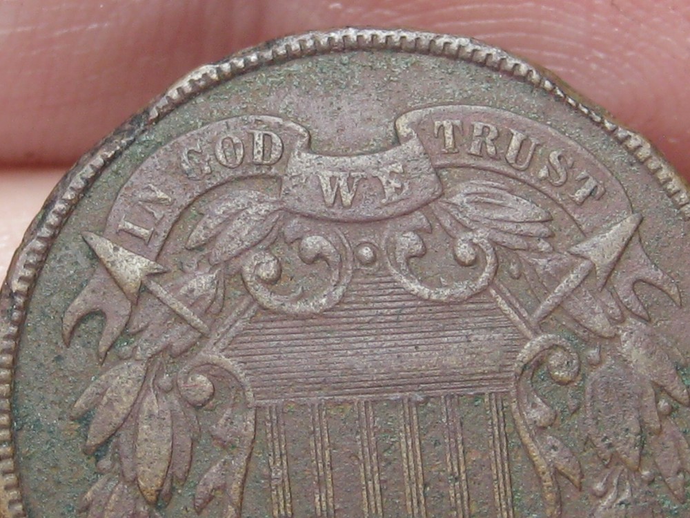 1865 Two 2 Cent Piece- Plain 5, WE Visible, XF/AU Details, Brown