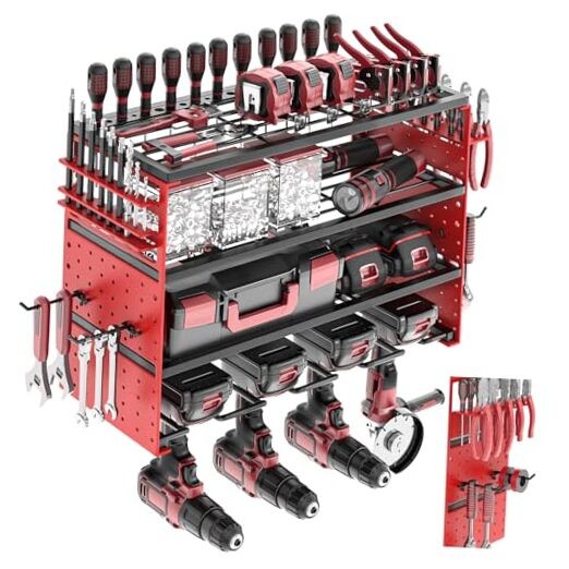 Power Tool Organizer Wall Mount, 4 Layers Tool Storage Rack 4 Drills Holder Red