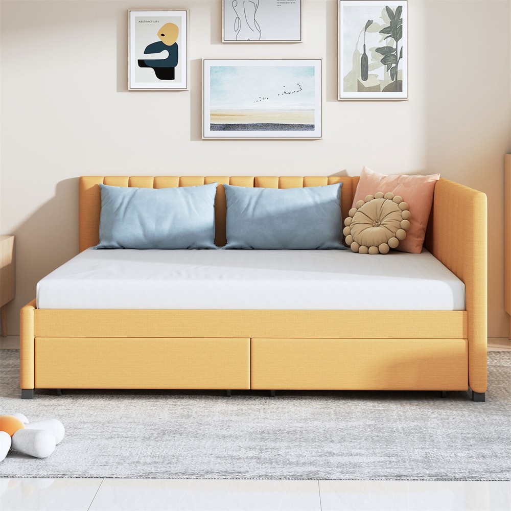 Full Size Daybed Upholstered Bed Frame Sofa Bed w/ 2 Storage Drawer Yellow