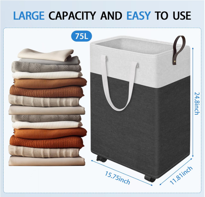 HomeHacks 75L Rolling Laundry Basket with Wheels, Collapsible & Waterproof Laund