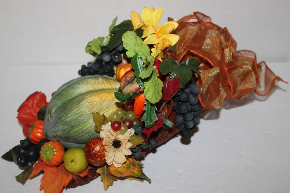 Cornucopia in Wicker Basket with Artificial Fall Thanksgiving Flowers