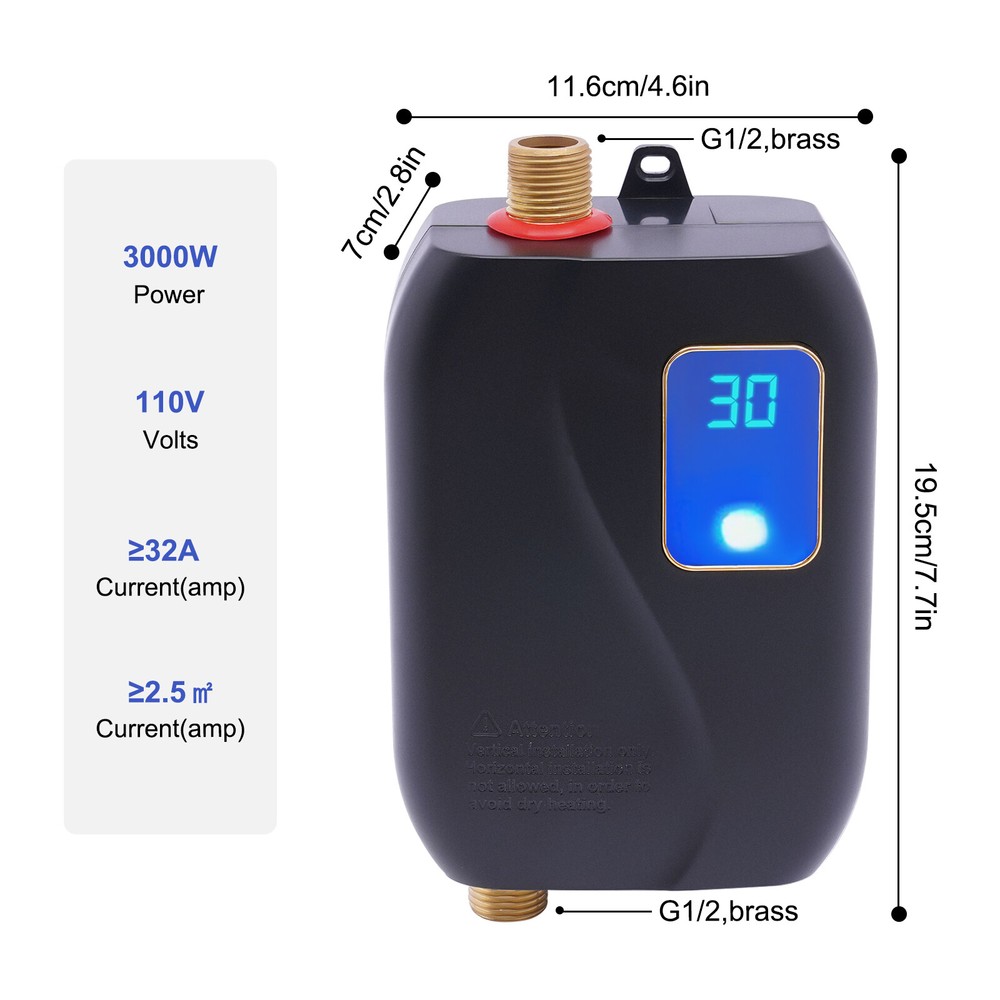 3000W Instant Mini Water Heater, IPX4 Waterproof, 68-122°F, Overheat Protection