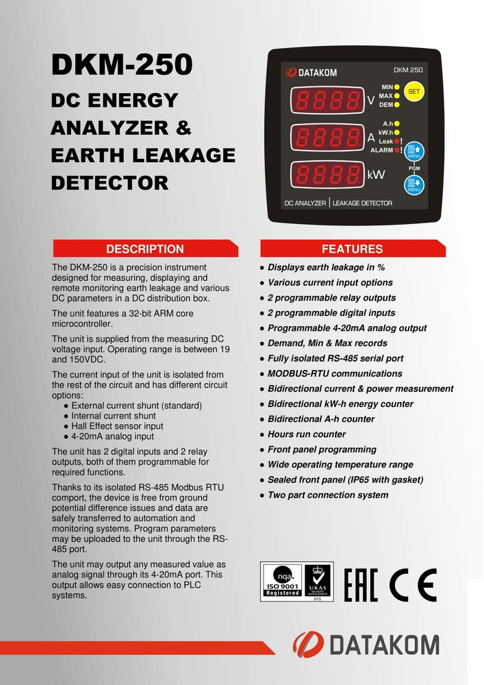 DATAKOM DKM-250 DC Power Meter, 96x96mm, RS-485