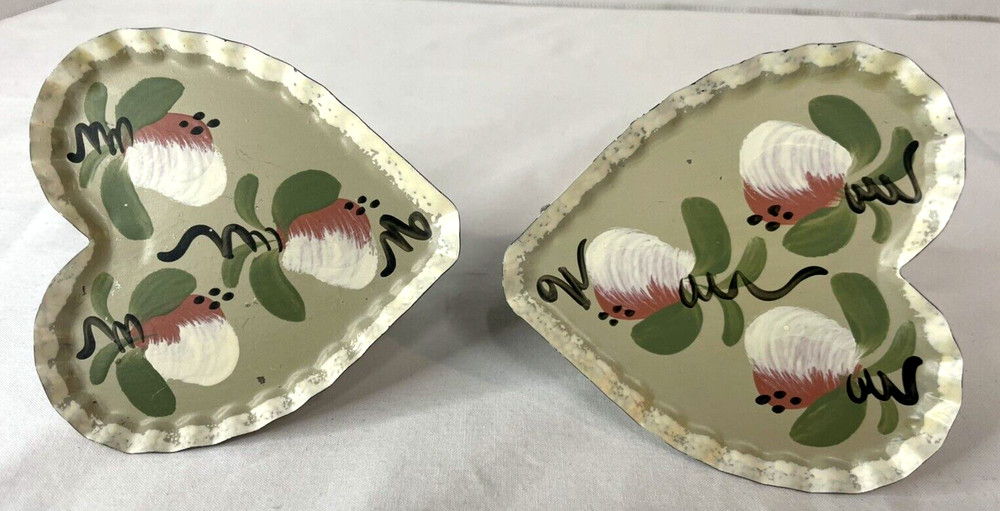 Hand Painted Artist Crafted Tin Heart Curtain Pull Backs Two Sets Cottage Core